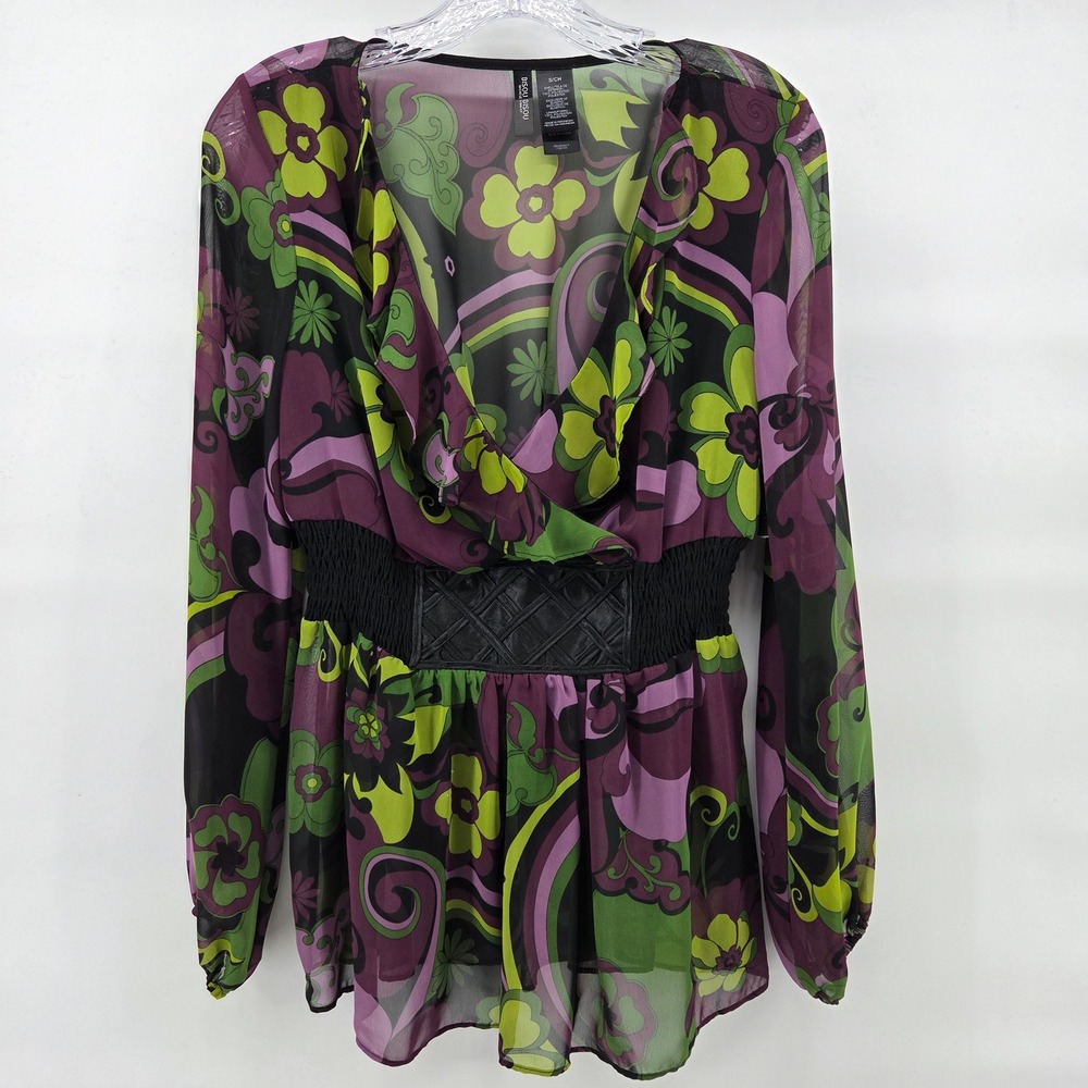 BISOU BISOU Top‎ Small Green Purple Retro Funky Long Sleeve Blouse New